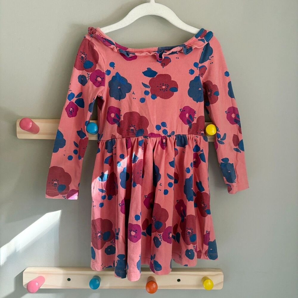 Tea Collection Pink Floral Twirly Boat Neck Long Sleeve Dress